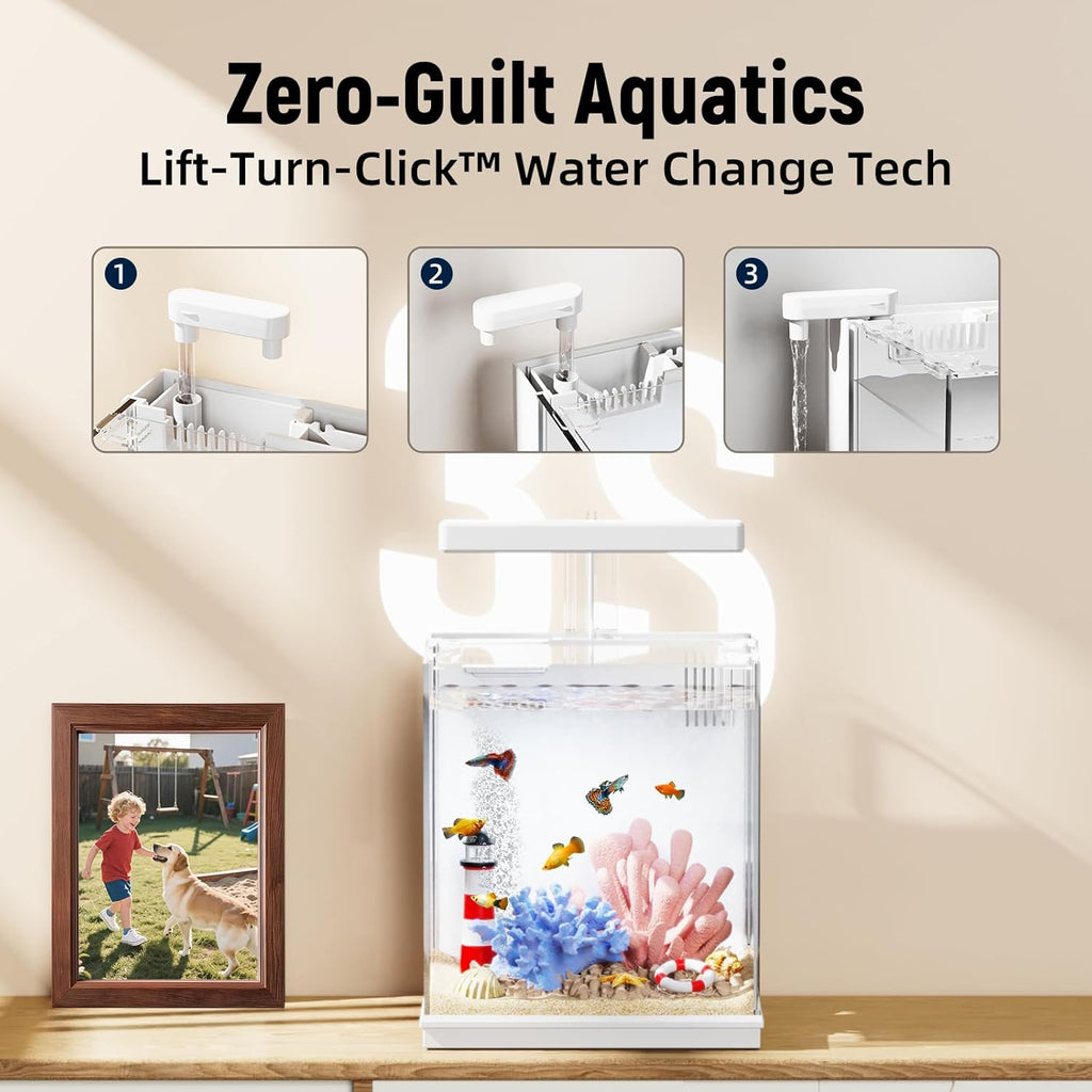 2-Gallon All-in-One Fish Tank – Silent Pump, 3-Stage Filtration & Easy Water Change, Perfect Self-Care Betta Aquarium Kit for Kids & Beginners (White