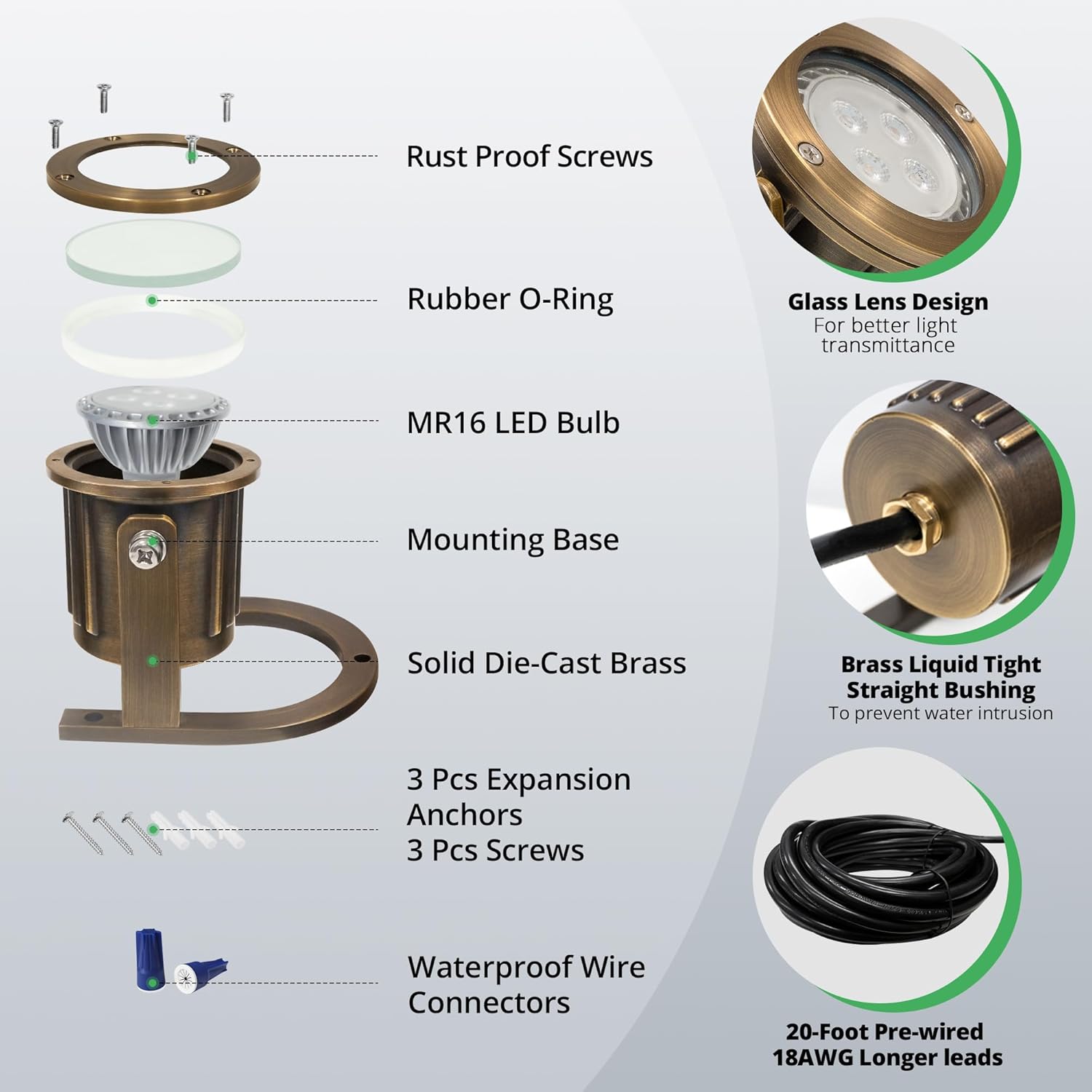 GKOLED Solid Brass Underwater Light, Low Voltage LED Pond Lights, Submersible Fountain Lighting with 5W 2700K 410LM MR16 Bulb, 9-15V AC/DC Outdoor Landscape Waterfall Light, IP68 Rated Pool Spotlights