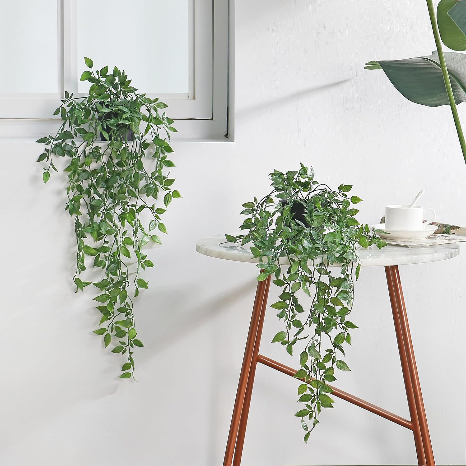Artificial Hanging Plants Fake Small Potted Plants Faux Mandala Vines Plastic Greenery Plants for Living Room Shelf Tabletop Decor (2 PCS)