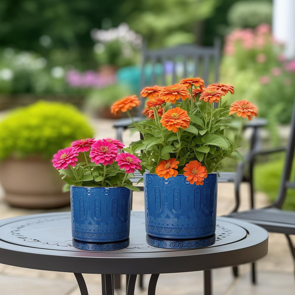 Ceramic Planter - 8 Inch Plant Pot Indoor with Drainage Holes and Saucer Round Planter Outdoor Mid-Century Modern Flower Pot Succulent Pot for Home Decor Blue