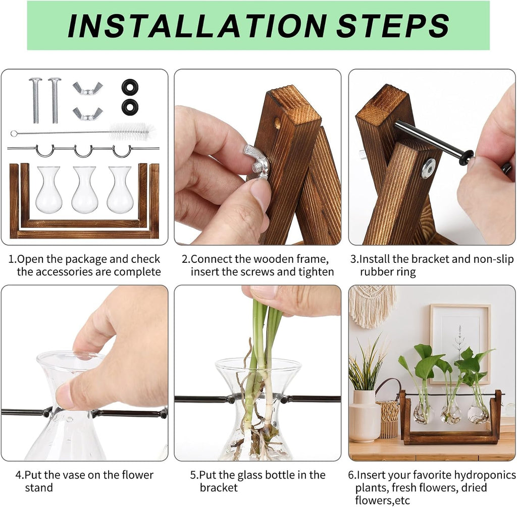 YIBOT Propagation Stations,Plant Terrarium with Retro Wooden Stand, Unique Gardening Birthday Gifts for Women Plant Lovers, Hydroponics Plants Home Office Garden Decor - 3 Bulb Glass Vases