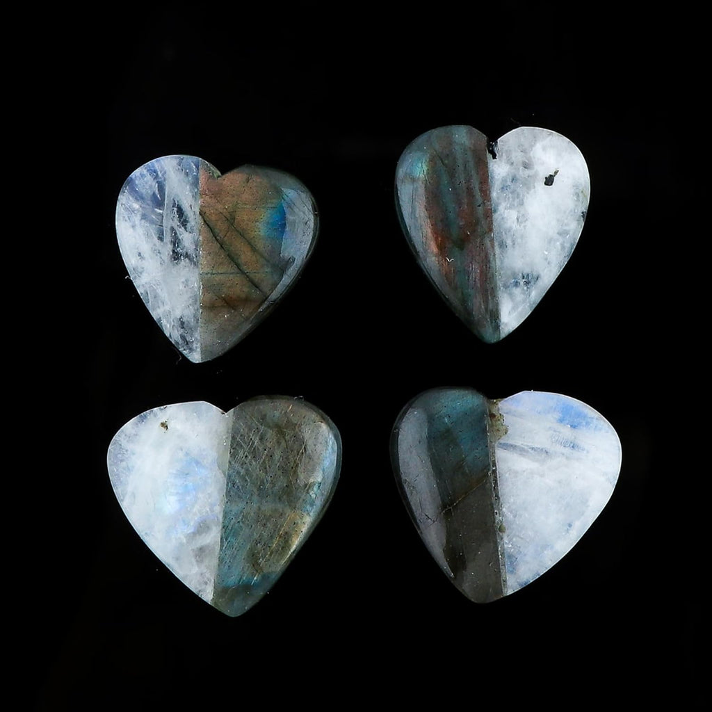 CRYSTALIS 4pcs Natural Doublet Labradorite & Moonstone Hearts, Loose Gemstone, Wholesale Bulk Cabochons, Jewelry Making Supply, Chakra Healing Polished Stones, Wire Wrapping, DIY, Gem Collection