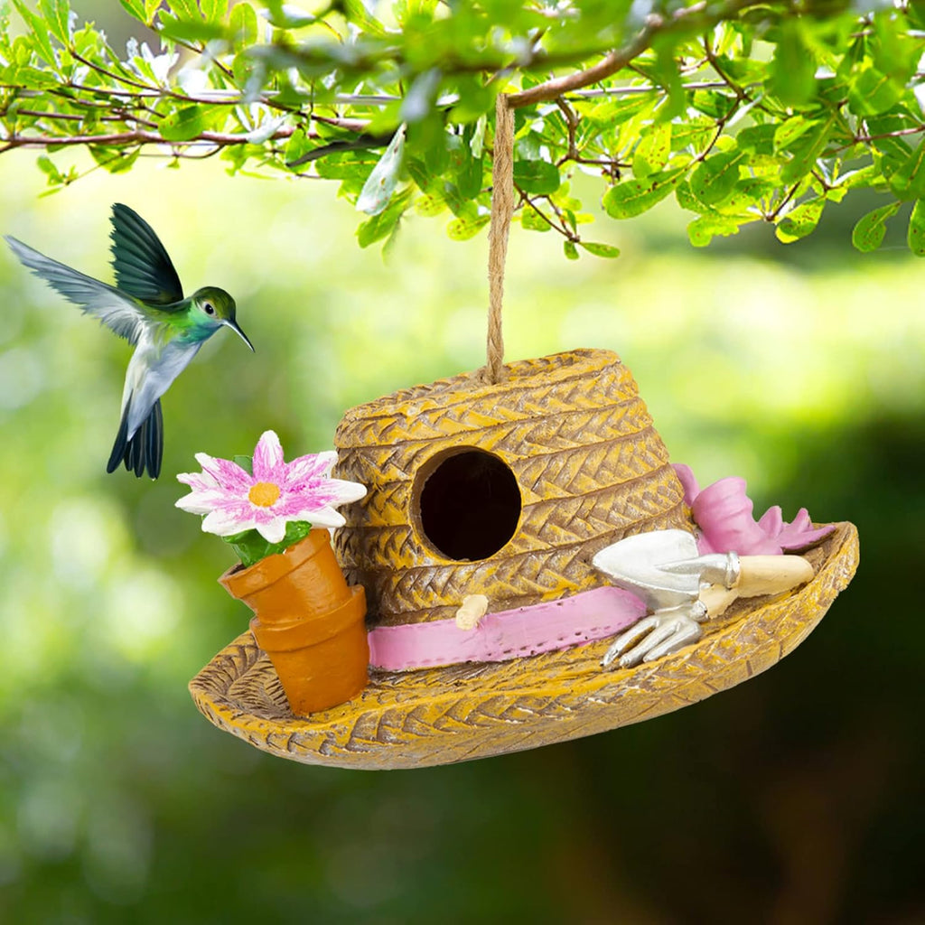 Yinns Birdhouse Hanging Bird Houses for Outside, Decorative Straw Hat Bird House Home Patio Garden Decor for Humming Bird, Bluebird, Wren Nesting