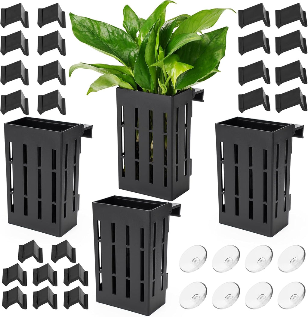 Borlech Upgraded Large Aquarium Plant Holder with Hooks and Suction Cups for Fish Tank Aquaponic Plant Cultivation and Aquascape Decorations (Black)
