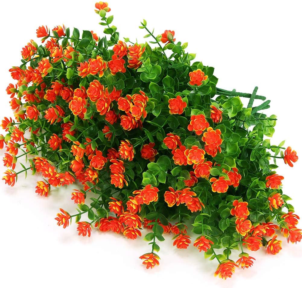12 Bundles Outdoor Artificial Flowers UV Resistant Fake Boxwood Plants, Faux Greenery for Indoor Outside Hanging Plants Garden Porch Window Box Home Wedding Farmhouse Décor (Orange Red)