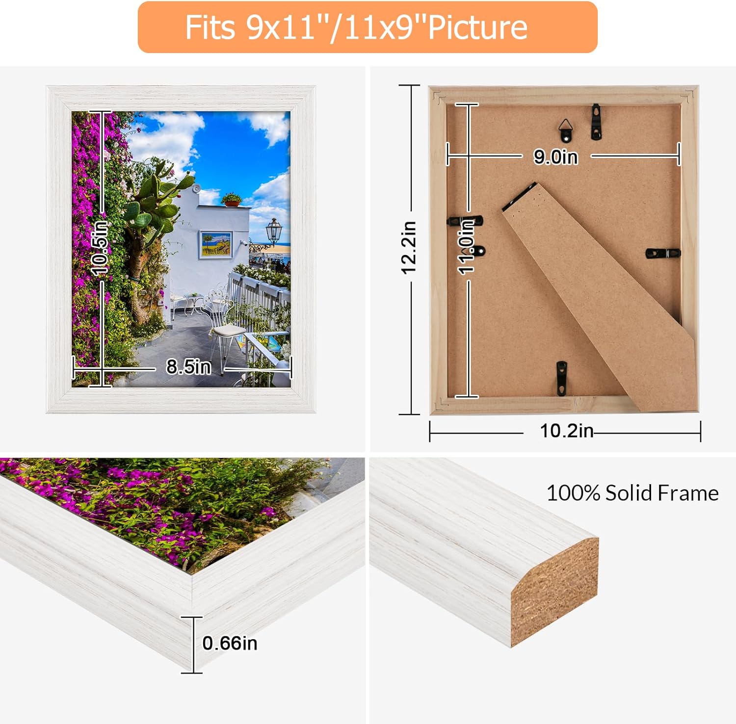 9x11 Wood Frame White, Natural Woodgrain 11x9in Picture Frame, Rustic Wooden 9 x 11 inch Gallery Photo Poster Frame with HD Plexiglass, Horizontal Vertical Wall Mounting Tabletop Display 1Pcs