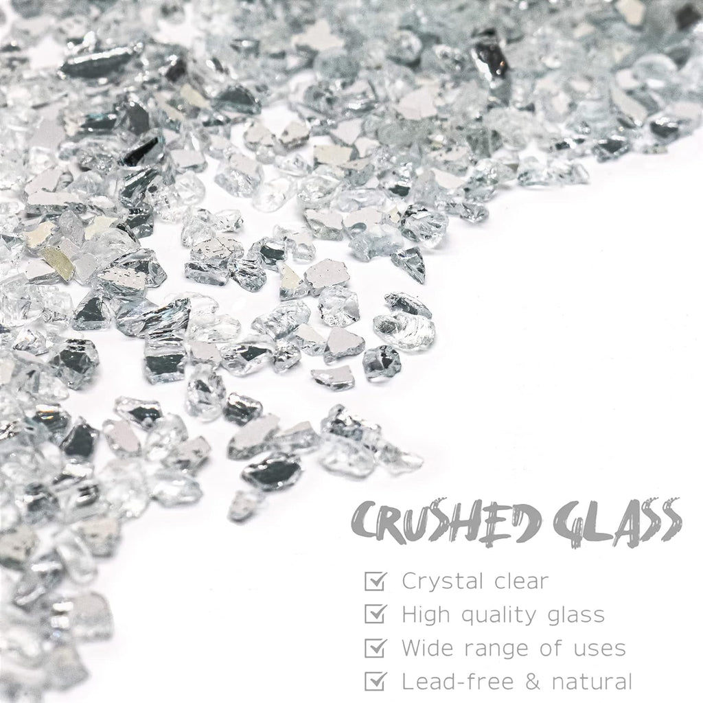 Crushed Glass for Resin Art - 3-6mm White-Backing Mirror, 1.5lb | Broken Glass Pieces for Crafts, Vase Filler & Fire Pit Media | Decorative Stones