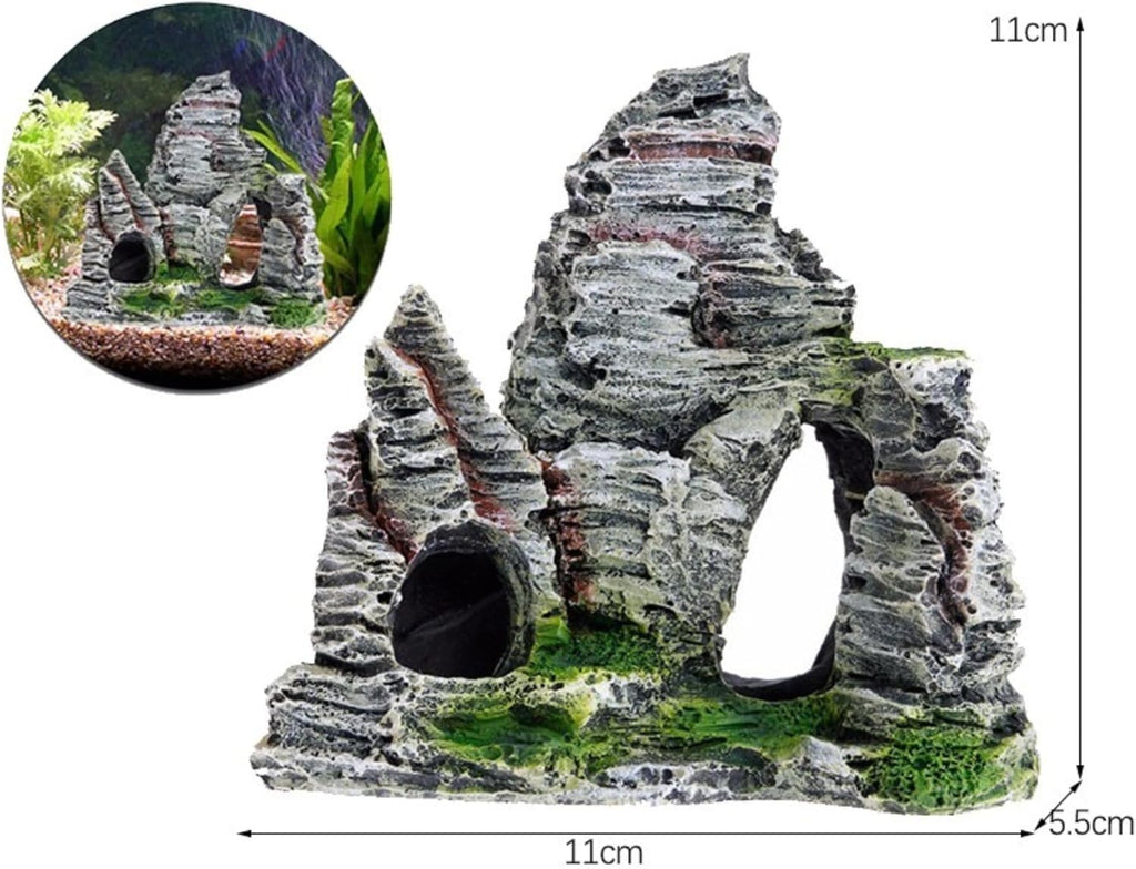 Resin Aquarium Stone Cave with Artificial Moss – Natural Rock Mountain Ornament for Fish Tank, Shrimp & Betta Hiding, Reptile Habitat Decoration, Small Landscape Terrain Accessory for Aquatic Decor