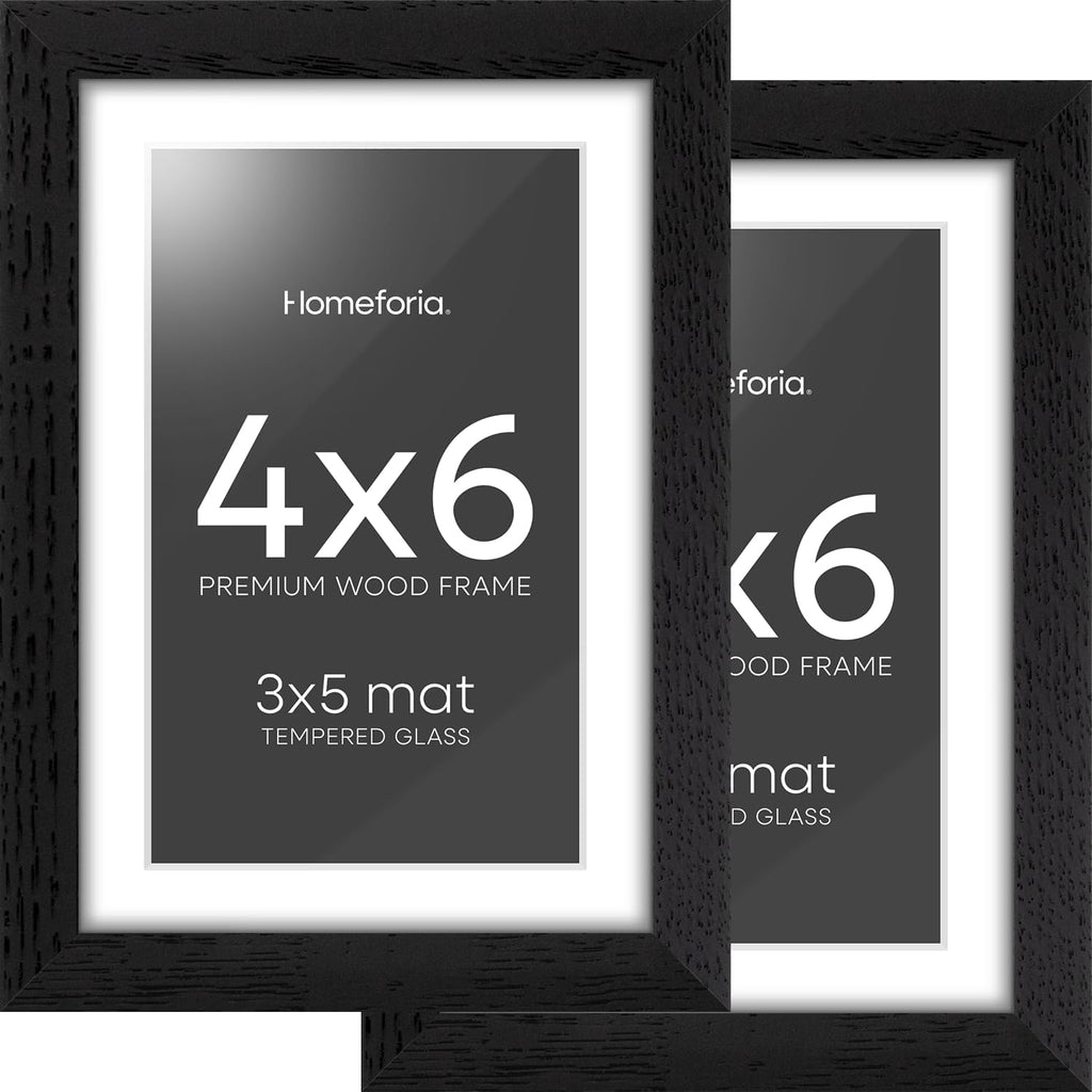 Homeforia 4x6 Picture Frame Black Wood, High End Oak 4by6 Black Wooden Frames with Mat 3x5 Print, 4 x 6 Frame Matted to 3 x 5 inch Photo, 6x4 Wall or Tabletop Frame, Tempered Glass, Wall Kit, Set of 2