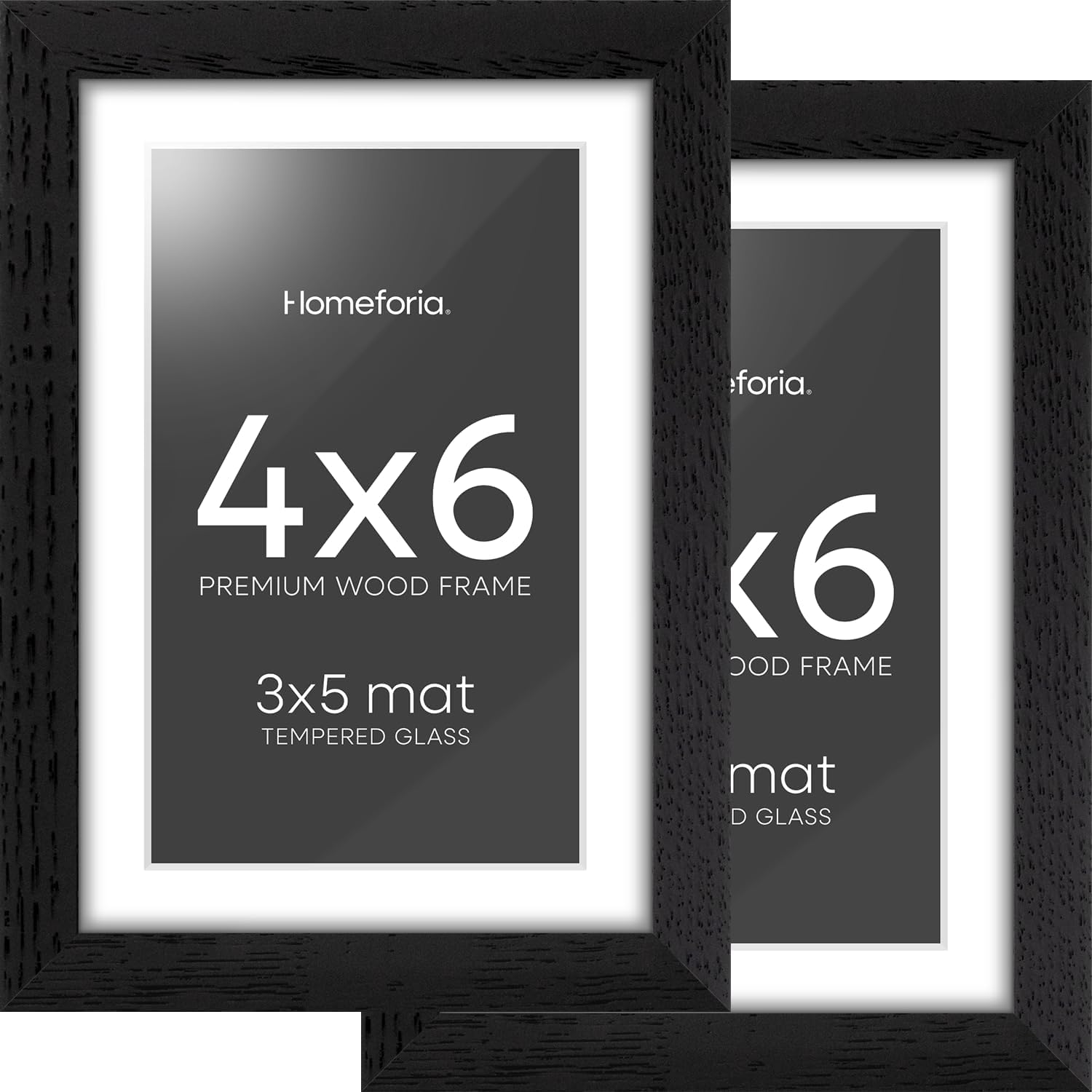 Homeforia 4x6 Picture Frame Black Wood, High End Oak 4by6 Black Wooden Frames with Mat 3x5 Print, 4 x 6 Frame Matted to 3 x 5 inch Photo, 6x4 Wall or Tabletop Frame, Tempered Glass, Wall Kit, Set of 2