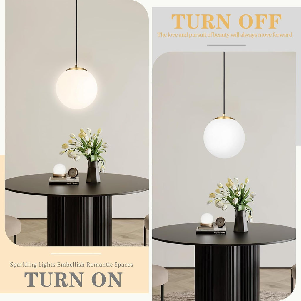 KoKo&Yukina 8" Globe Pendant Light Gold Plug in Pendant Light Adjustable Hanging Lights with Plug in Cord Brushed Gold Finished with Milk Glass Lampshade for Bedroom Kitchen Island（Bulb Included）