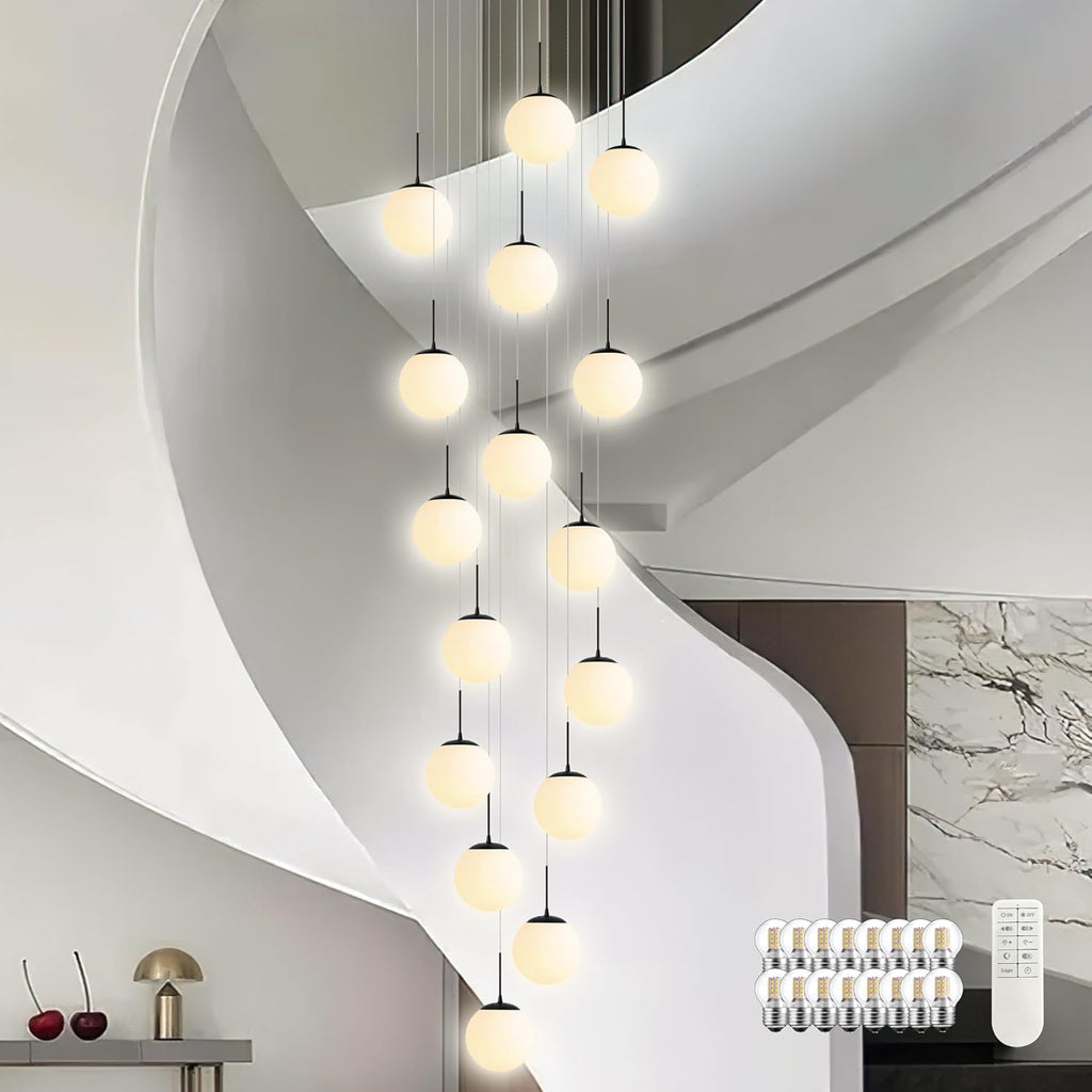KoKo&Yukina 16-Light Black Mid Century Modern Chandelier for Living Room Staircase Chandelier for Entryway Globe Milky White Glass Pendant Light High Ceiling Chandeliers Foyer (Bulb & Remote Incl.)