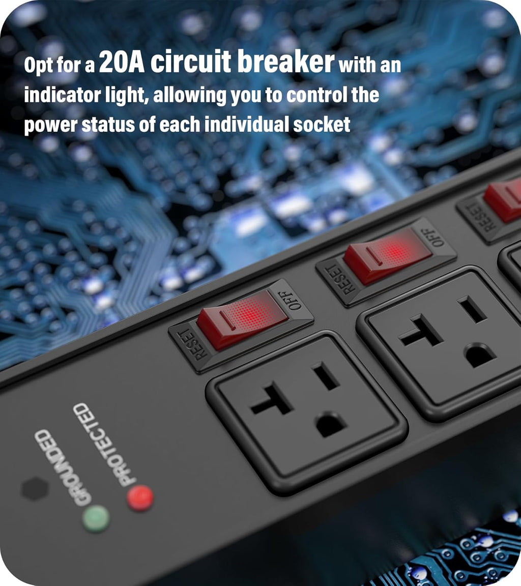 CCCEI Heavy Duty Surge Protector Power Strip 20 Amp Individual Switches. 15FT 12 Gauge Extension Cord with Multiple Outlets. Kitchen, Garage, Shop, Industrial Wall Mount Electric Extender, Black.