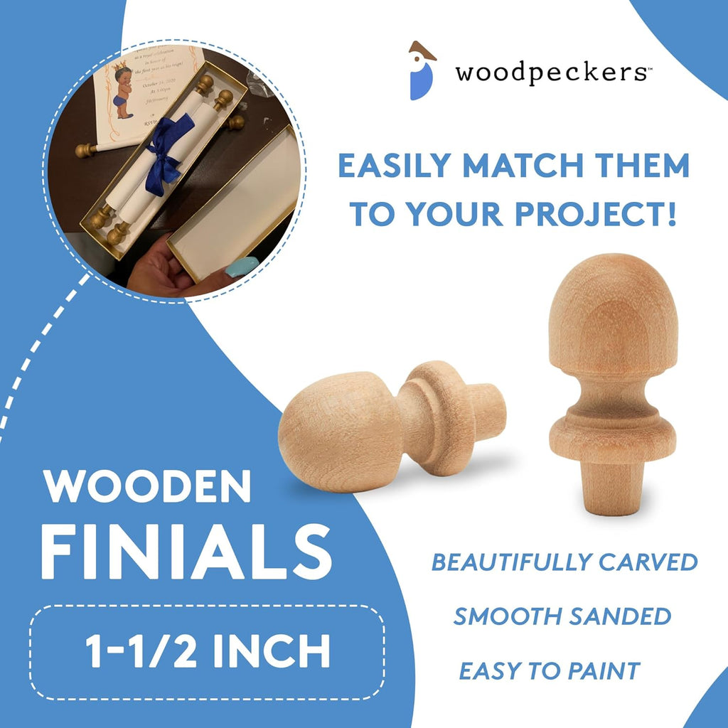 Small Wood Finials, 1-1/2 inch Wooden Finials for Crafting, DIY Décor, and Wooden Finial Crafts, Pack of 12, by Woodpeckers