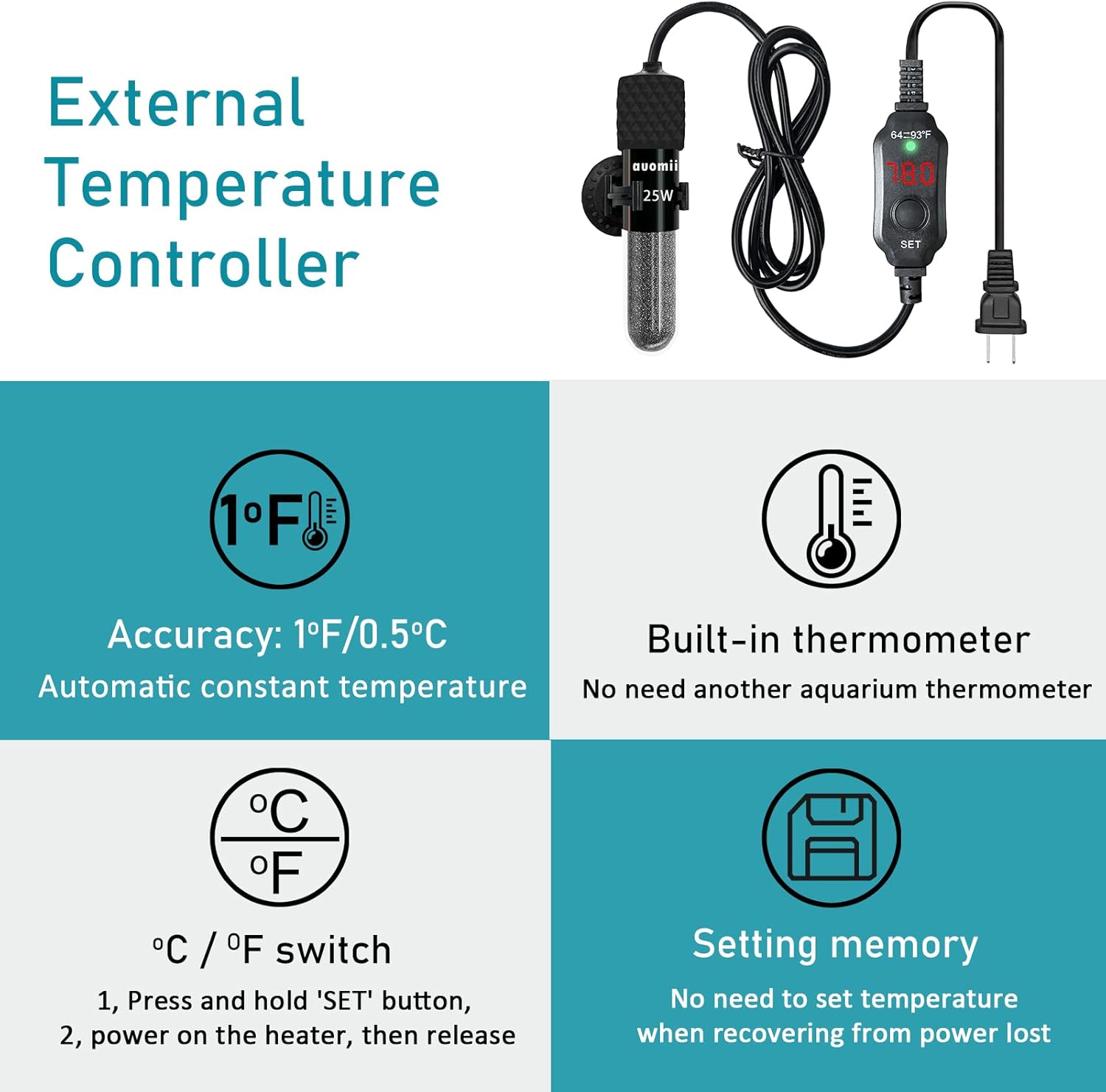 Small Submersible Aquarium Heater,Adjustable Mini Fish Tank Heater 25/50/100/150/200/300 Watts with External Temperature Controller, LED Display, Smart Memory, Used for 1-60 Gallons