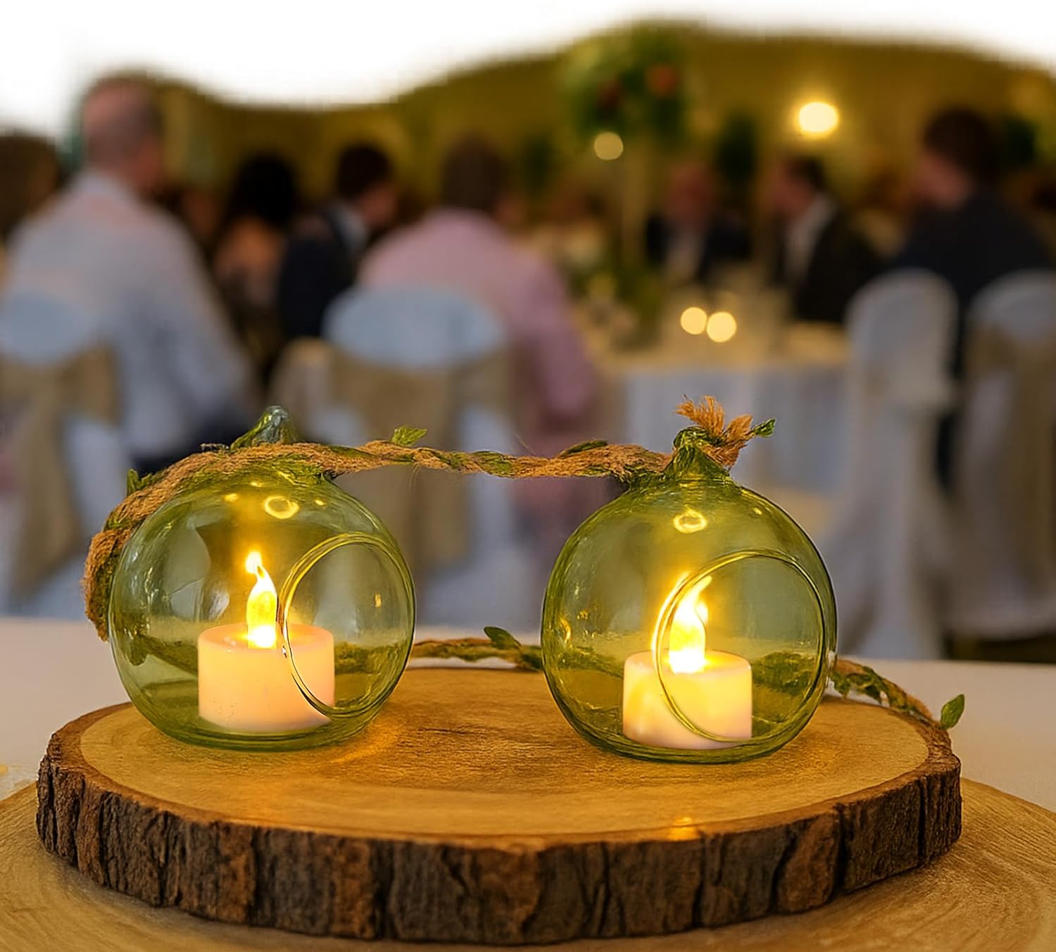 3.15'' Hanging Glass Tealight Holder Globe and 33ft 5mm Natural Jute Twine Ribbon with Artificial Leaves for Crafts, Hanging Glass Terrarium Containers for Wedding Party Tree Decoration