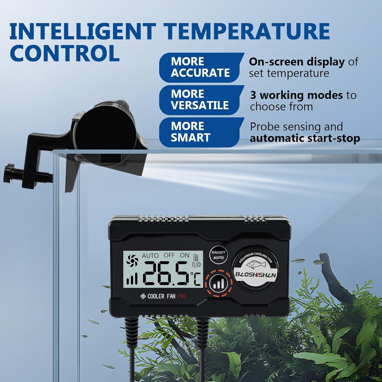 BAOSHISHAN Aquarium Chiller Fan, with AutoTemperature Control and Adjustable 3 Speed, 120° Cross-Flow Air Outlet s Aquarium Cooling Fan Cooler for Tank Home Office