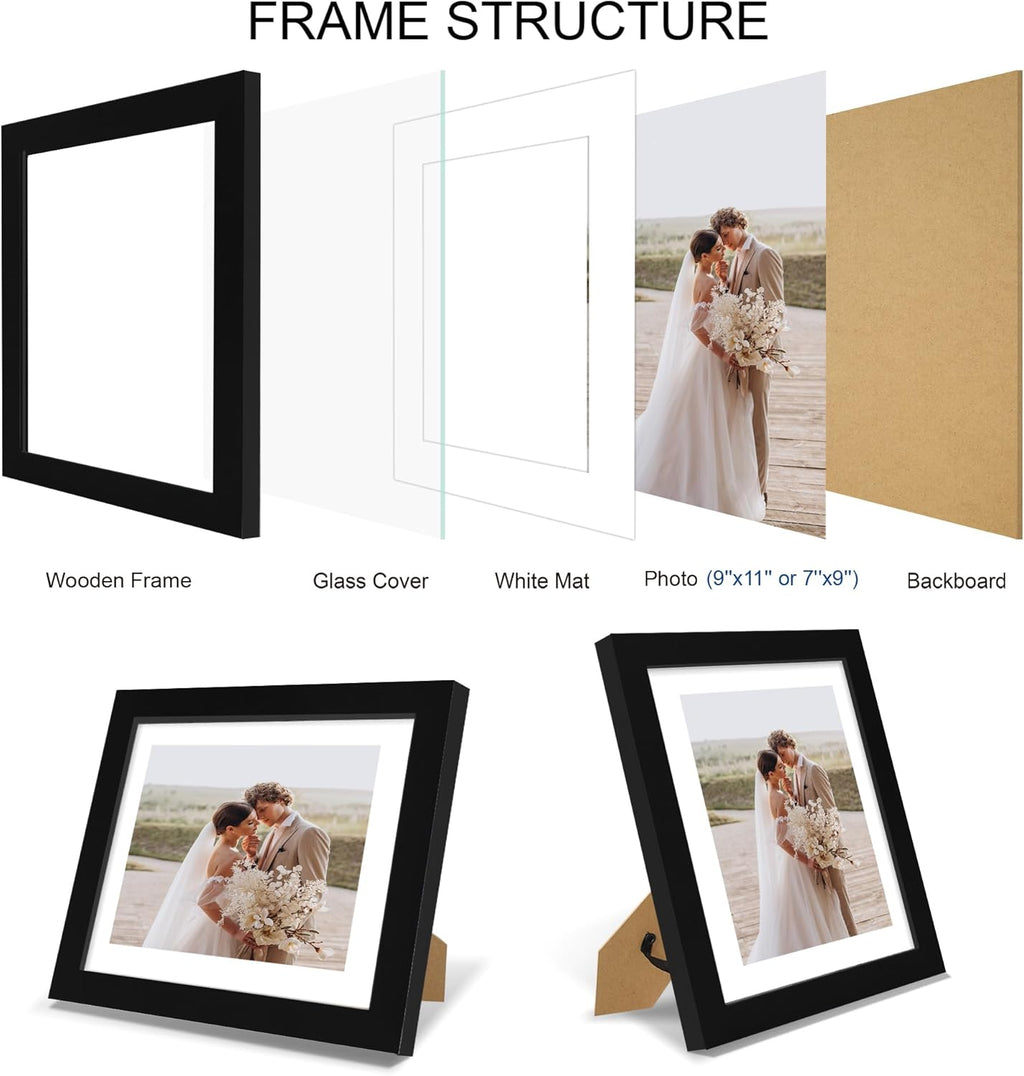 9x11 Picture Frame Set of 4, Made of Real Glass and Black Frame - Display Picture 7x9 with Mat or 9x11 Without Mat, 9 by 11 Photo for Wall or Tabletop