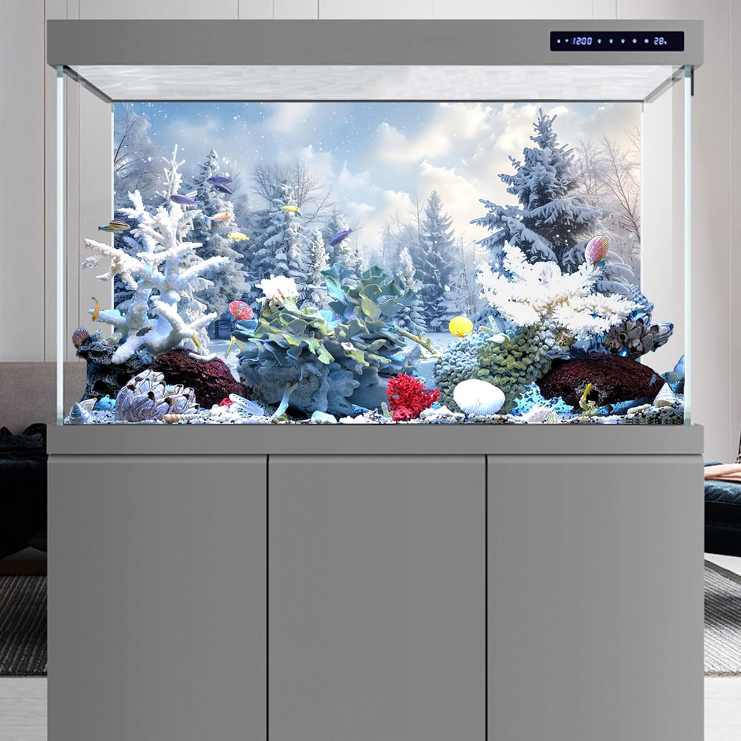 YongFoto Fish Tank Background - 48x18 inch Winter Snow Scene Aquarium Backdrop for Reptile Terrarium & Bearded Dragon Habitat