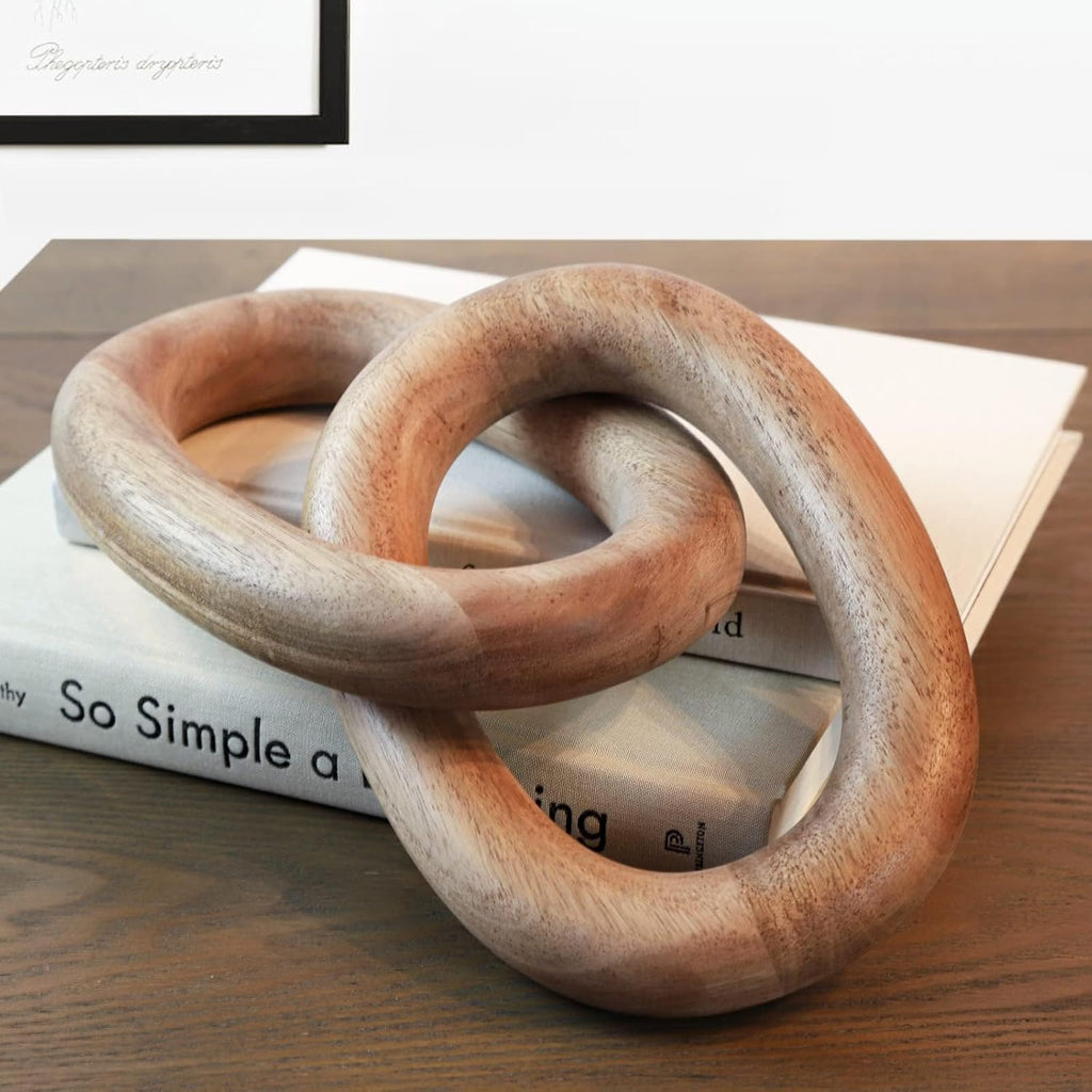 Wood Chain Link Decor – 13” Wooden Decorative Object for Coffee Table Decor and Neutral Decor for Home – Modern Knot Accent for Shelf Styling, Books, or Housewarming Gifts
