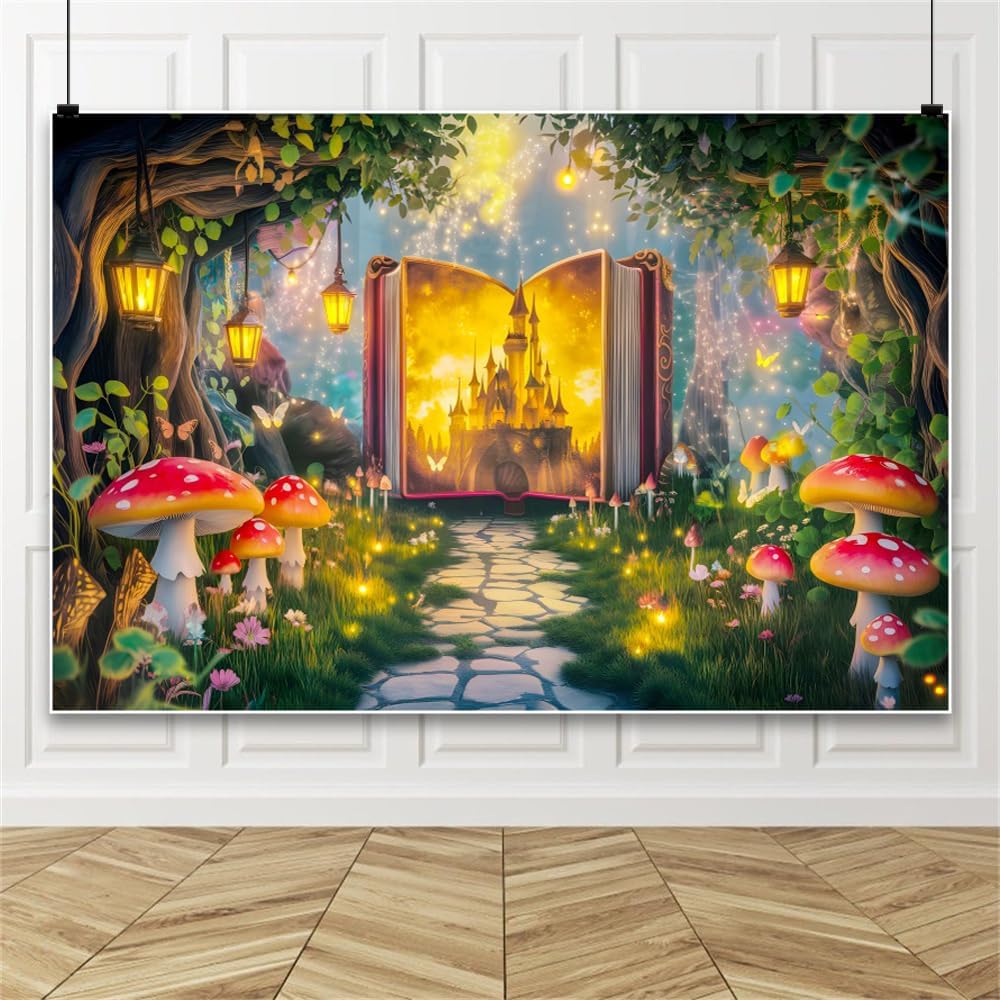 AOFOTO 10x8ft Fairy Tale Castle Books Photography Backdrop Wonderland Tree House Mushroom Butterfly Magic Story Book Background Girls Princess Kids Birthday Party Decoration Photo Banner Props