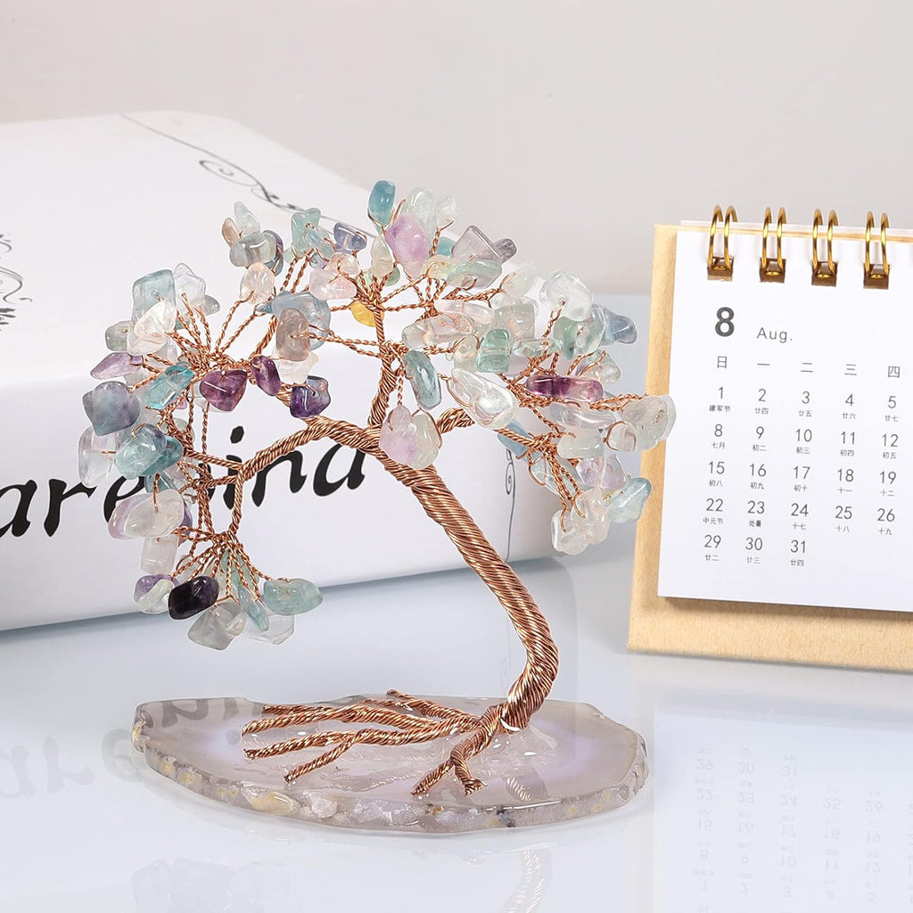 mookaitedecor Natural Fluorite Crystal Money Tree Agate Slice Base Feng Shui Bonsai Crystal Tree for Wealth Luck Desk Decor, 3-4 Inch High
