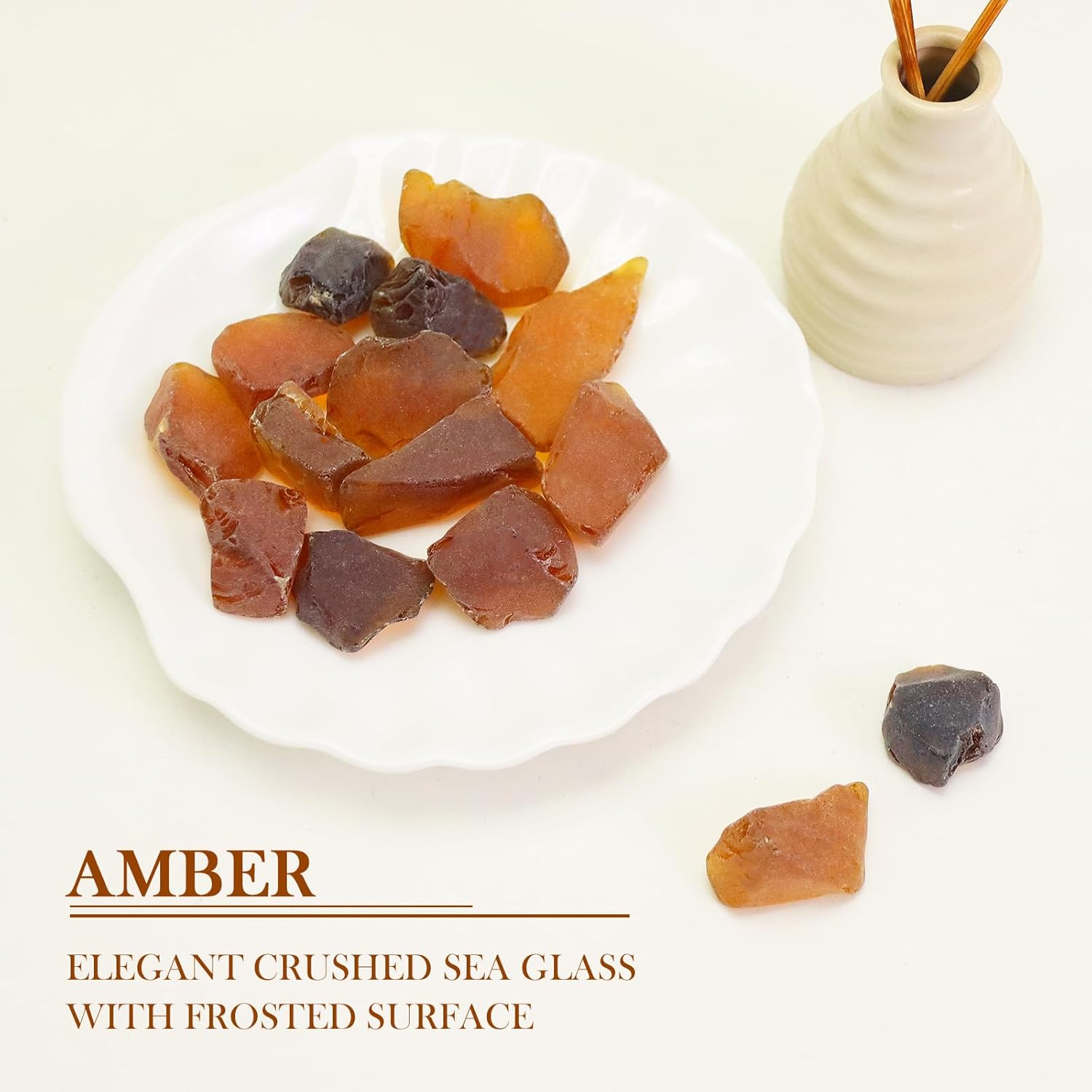 5LB Frosted Sea Glass Vase fillers Crushed Glass, Sea Glass Decor Ideal for Christmas DIY Craft, Aquarium Gravels, Home Decor Crushed Sea Glass Pieces for Beach Wedding, 0.7-3 Inch Amber