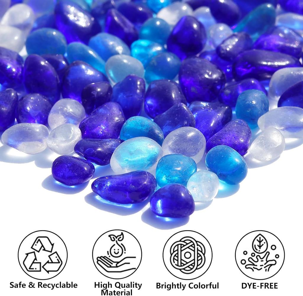 Sea Glass Stones - Blue Mixed Clear Glass Pebbles Gemstones - Perfect for Aquarium Rocks, Fish Tank Gravel, Vase Fillers, DIY Crafts, and Home Decor (0.9LB/14oz)