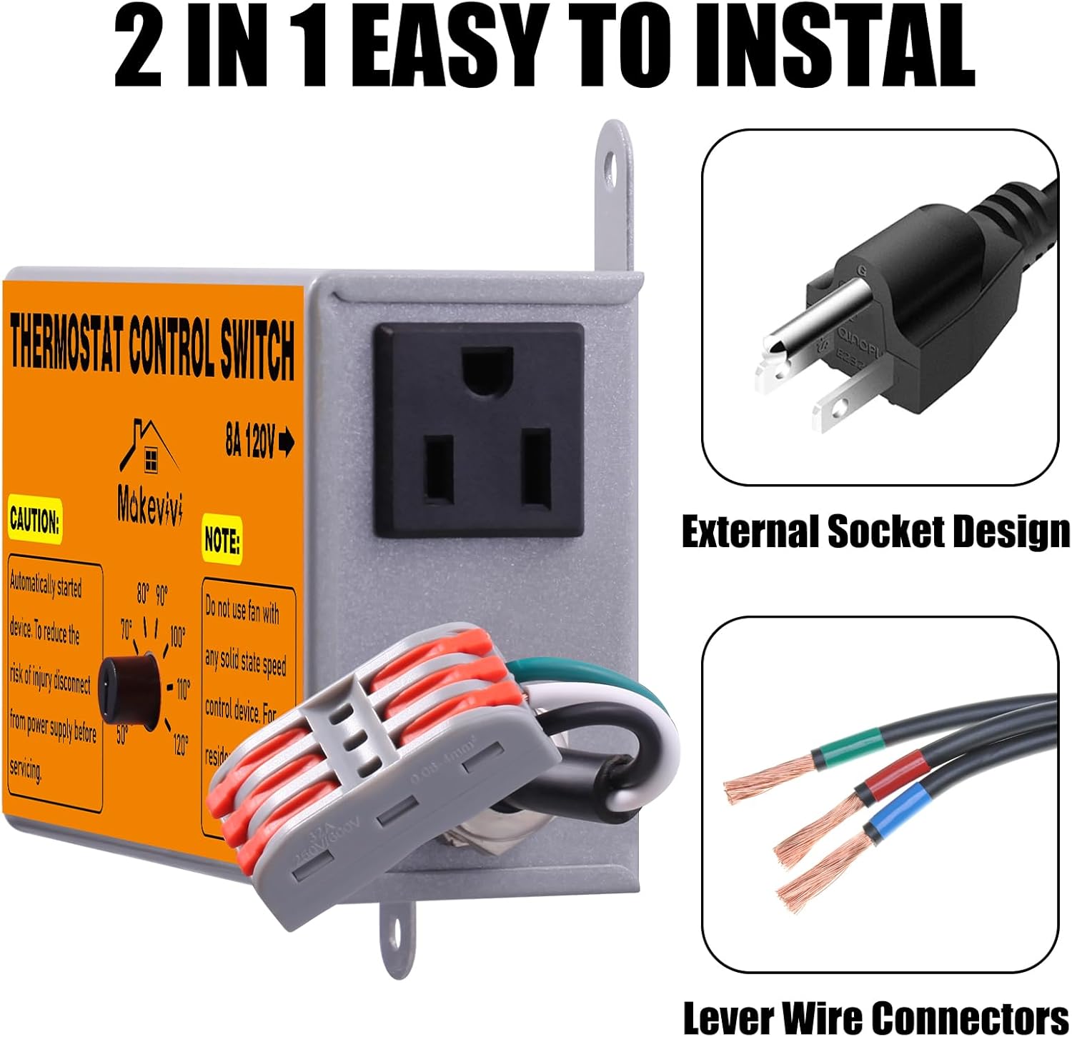 Attic Fan Thermostat-Control: with Socket and Wire Connector, Can Be Connected to Two Fans, Replacement Thermostat with Overload Protector, Temperature Controlled Exhaust Fan for Workshop, Greenhouse