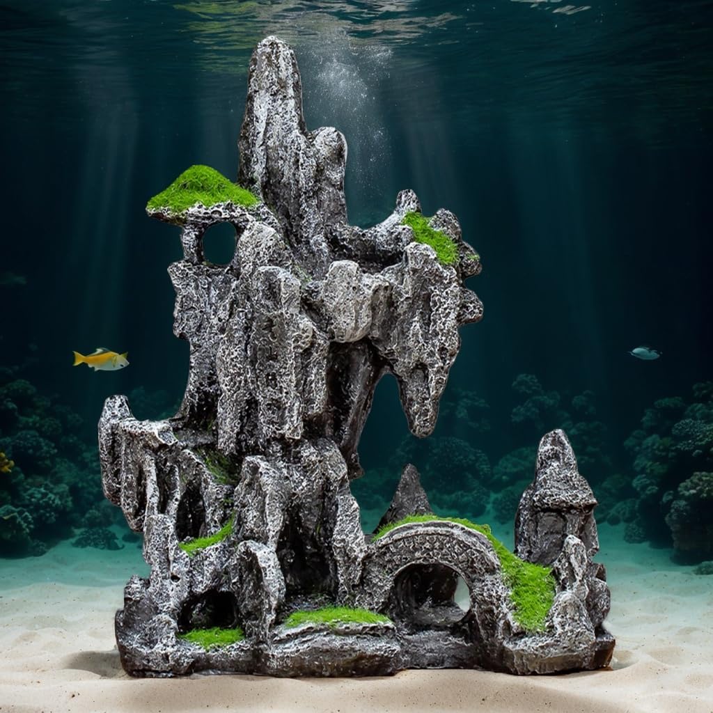 Aquarium Mountain View Ornaments, Large Fish Tank Rock Landscaping Decorations, Tree Hole Bridge Bridge Aquarium Decoration (6.69x3.54x8.26inch-L)