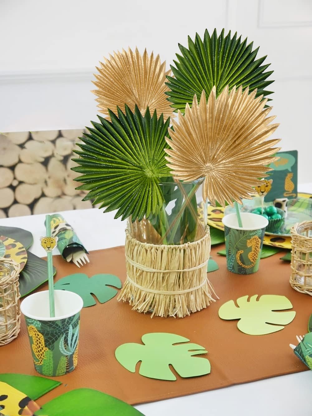 6 Pcs Pu Foam Artificial Palm Leaves Faux Palm Tropical Leaves Fake Palm Fronds for DIY Wedding Bouquets Fake Leaves for Centerpieces Arrangements Bridal Shower Palm Leaf for Party Home Decorations