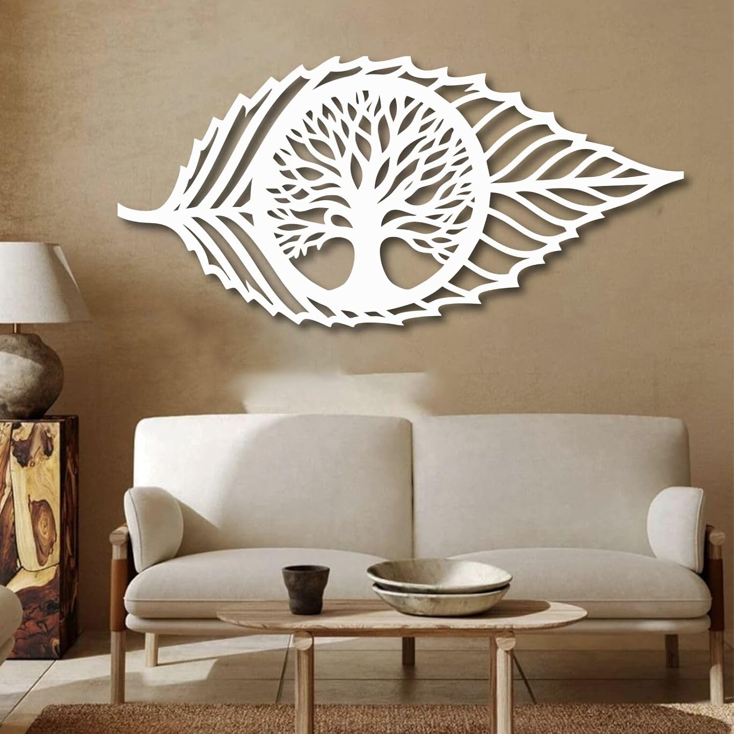 Hotuijxca Metal Leaf Wall Decor, Tree of Life Wall Art, Metal Leaf and Tree Wall Art for Living Room, Bedroom (White, 35x17in|90x43cm, metal wall art)