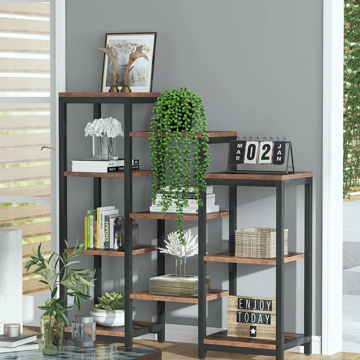 LOYWREE Fake Plants Indoor Artificial String of Pearls Plant in Black Pots, Realistic Green Faux Succulent Hanging Plants for Shelf Decor Desk Home Garden Decorations