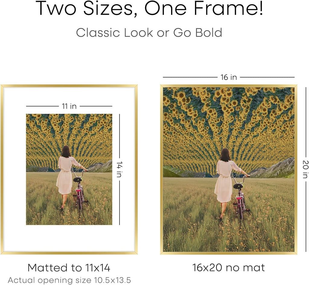 Homeforia 16 x 20 Picture Frame Gold, High End Metal 16x20 Poster Frames with Mat 11x14 Photo, 16 x 20 Gold Frame Matted to 11 by 14 Print, 20x16 Thin Hanging Frame, Tempered Glass, Wall Kit, Set of 3