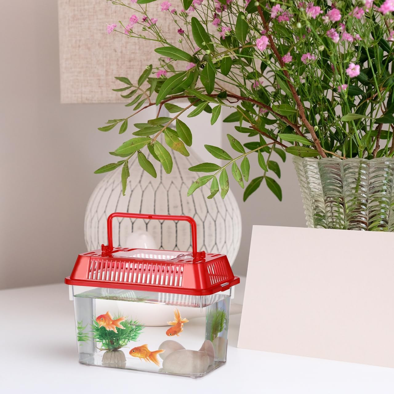 5pcs Small Fish Carrier with Breathable Lids, Portable Betta Fish Tank, Clear Breeding Boxes for Lizard, Turtle, Tarantula（Assorted Color）
