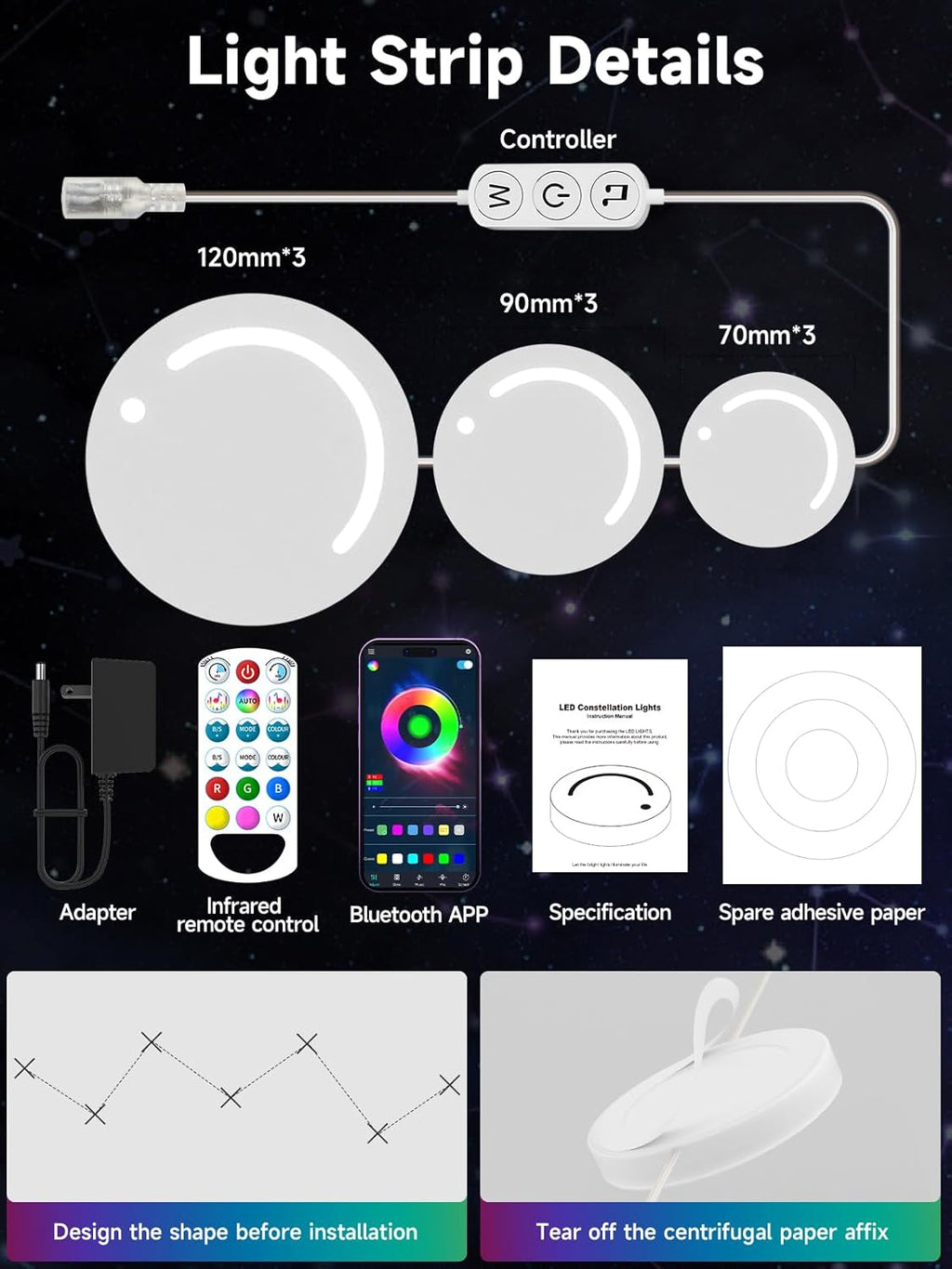 DIY LED Wall Lights, Led Strip Lights, Customizable LED Constellation Light with App & Remote Control, Music Sync, Color-Changing Lighting for Living Room/Home Decor