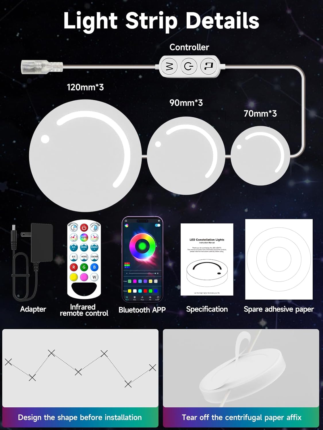 DIY LED Wall Lights, Led Strip Lights, Customizable LED Constellation Light with App & Remote Control, Music Sync, Color-Changing Lighting for Living Room/Home Decor