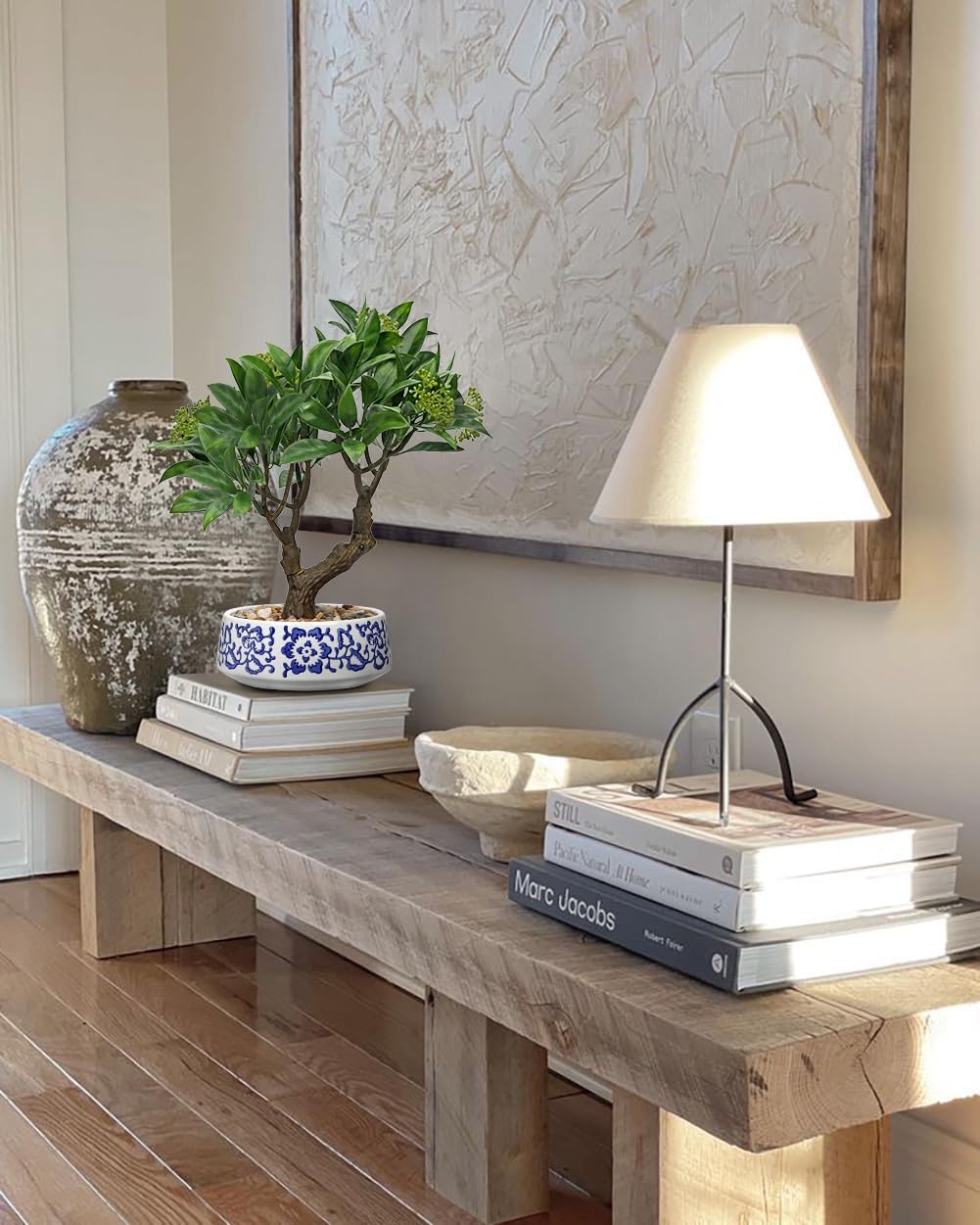 Artificial Bonsai Tree, Small Bay Laurel Bonsais Tree 13" Indoor Bonsai Trees Fake Potted Plant Decorative Fake Desk Plant Decor with Blue & White Ceramic Pot for Home Office Living Room Table Shelf