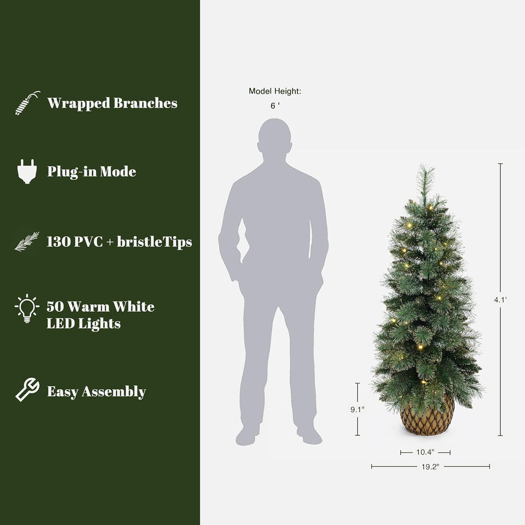 LuxenHome 4FT Small Christmas Tree, Prelit Slim Potted Artificial Christmas Trees with 50 Warm White LED Lights, Realistic Faux Pine Tree with Rattan Style Pot for Entrance, Hallway Display