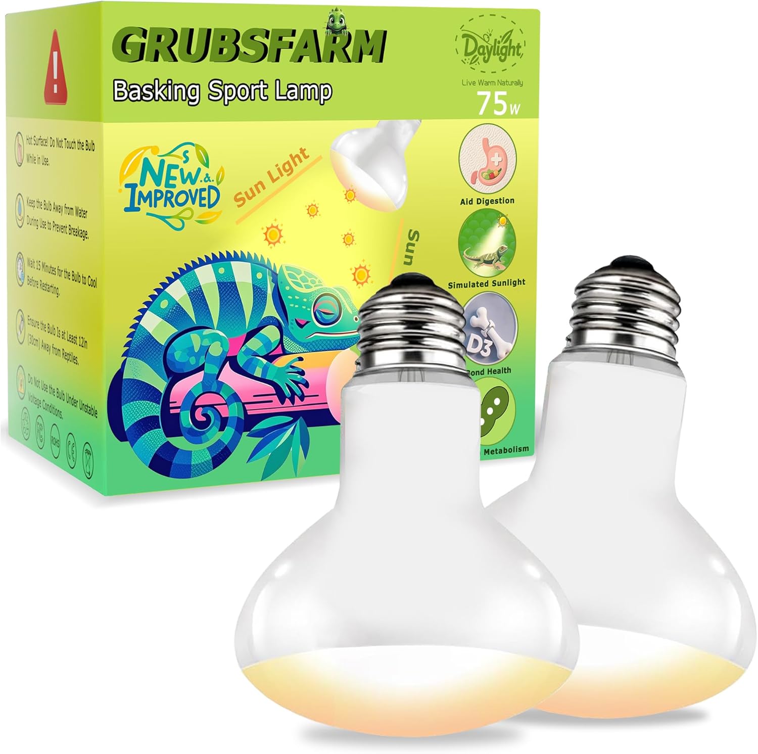 UVA Reptile Heat Lamp Bulb 75W - Ideal Basking Light for Bearded Dragons, Lizards, Chicks & Amphibians, Simulated Sunlight for Terrariums, Promotes Healthy Bone & Immune System | 2 Pack