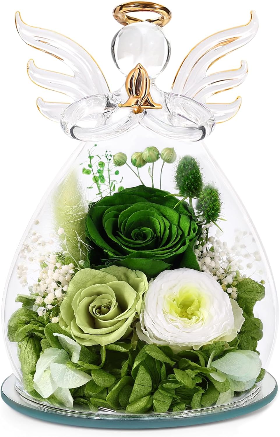 FIACO Gifts for Women Birthday Preserved Rose Forever Flower in Glass Angel Figurines Fresh Flowers for Delivery Prime for Mom Real Green Roses for Grandma Sister Wife Her from Daughter