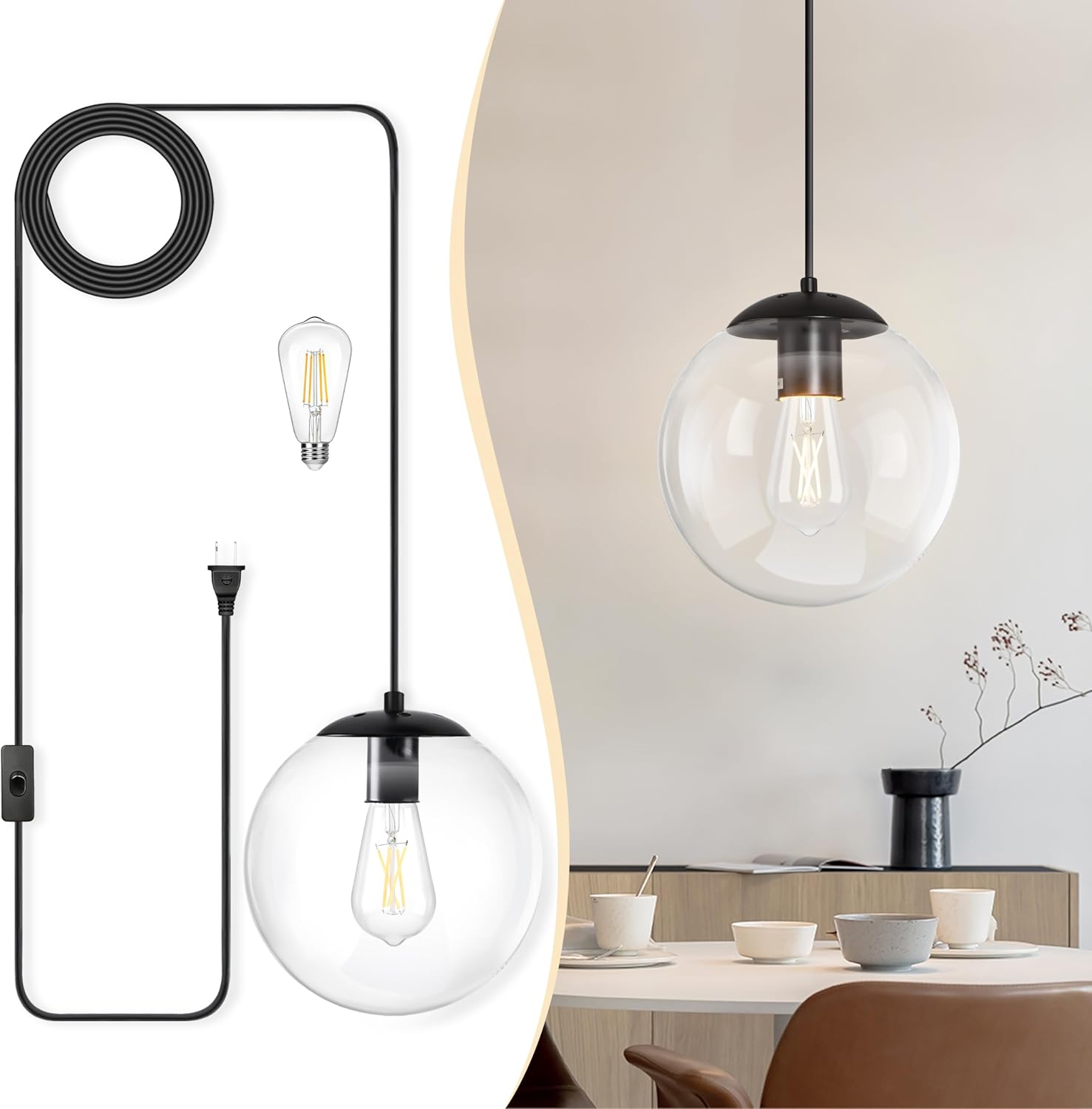 KoKo&Yukina 10" Globe Pendant Light Black Plug in Pendant Light Adjustable Hanging Lights with Plug in Cord Matte Black Finished with Clear Glass Lampshade for Bedroom Kitchen Island（Bulb Included）