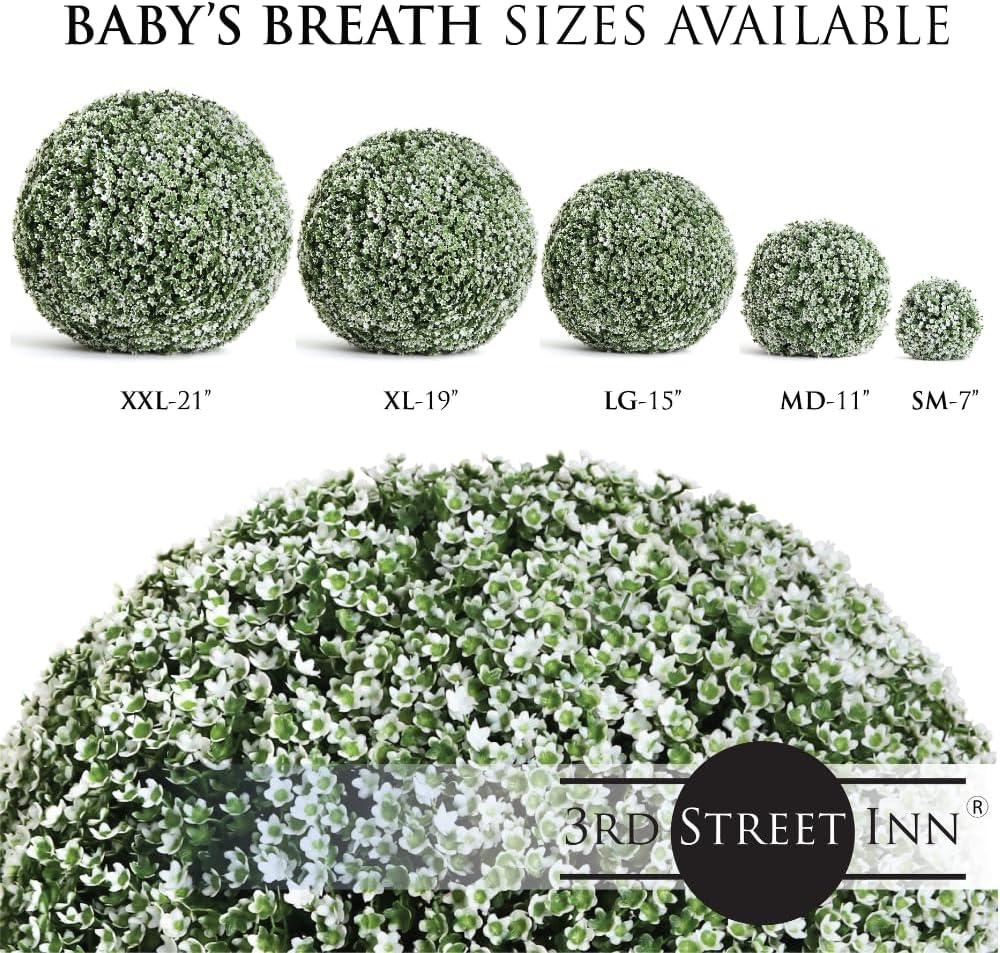 3rd Street Inn Topiary Ball - Artificial Topiary Plant - Wedding Decor - Indoor/Outdoor Artificial Plant Ball - Topiary Tree Substitute (Baby's Breath, 21" XXL (2-Pack))