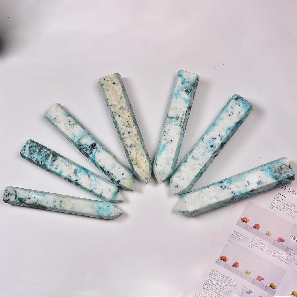 JIC Gem Natural Large Phoenix Pine Obelisk Quartz Crystal Wand Tower Point 6 Faceted Column Chrysocolla Crystal Healing Wand Reiki Decor 3.5-4.0 Lbs