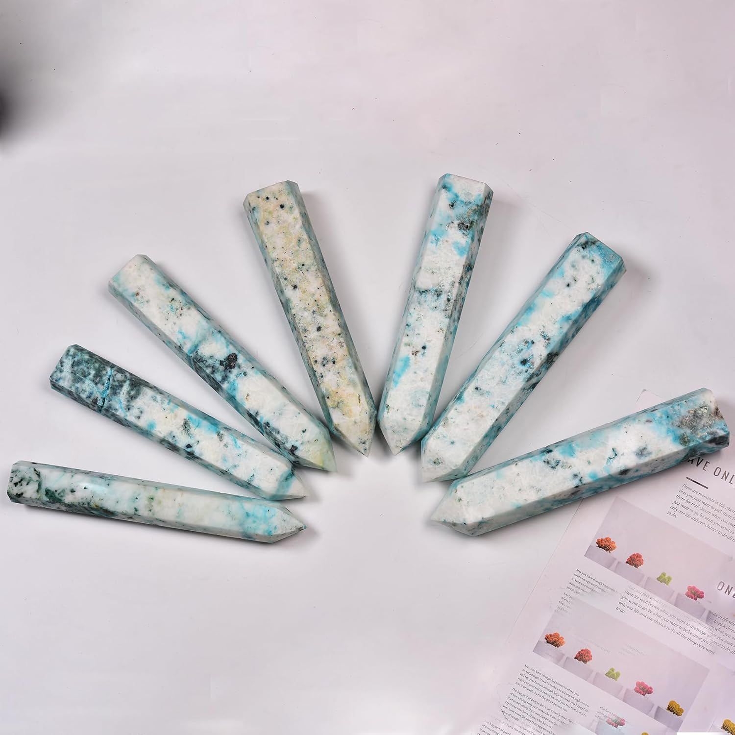 JIC Gem Natural Large Phoenix Pine Obelisk Quartz Crystal Wand Tower Point 6 Faceted Column Chrysocolla Crystal Healing Wand Reiki Decor 2.2-2.6 Lbs