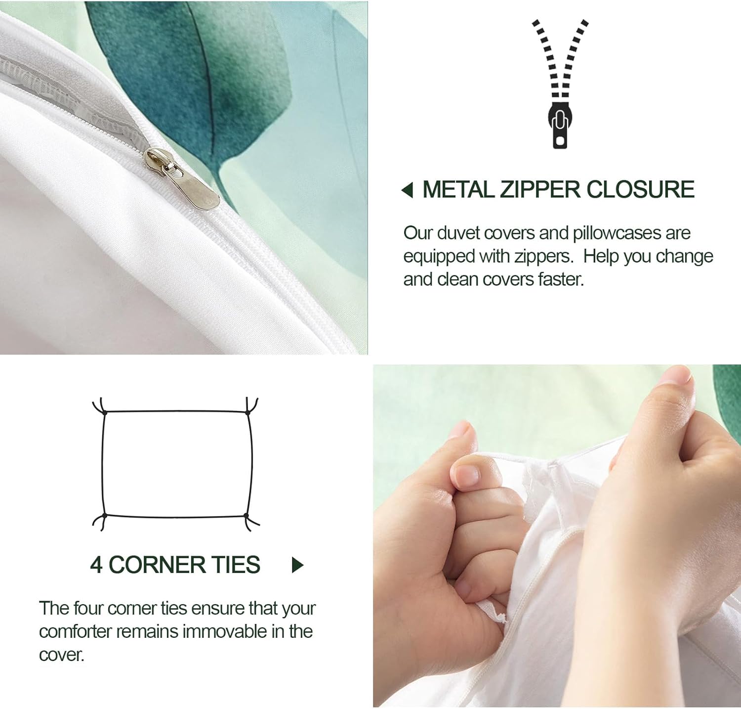 Eucalyptus Leaf Duvet Cover Twin Teal Gradient Leaf Bedding Set 2 Piece for Kids Bedroom Green Watercolor Comforter Cover with Zipper Ties & 1 Pillowcases