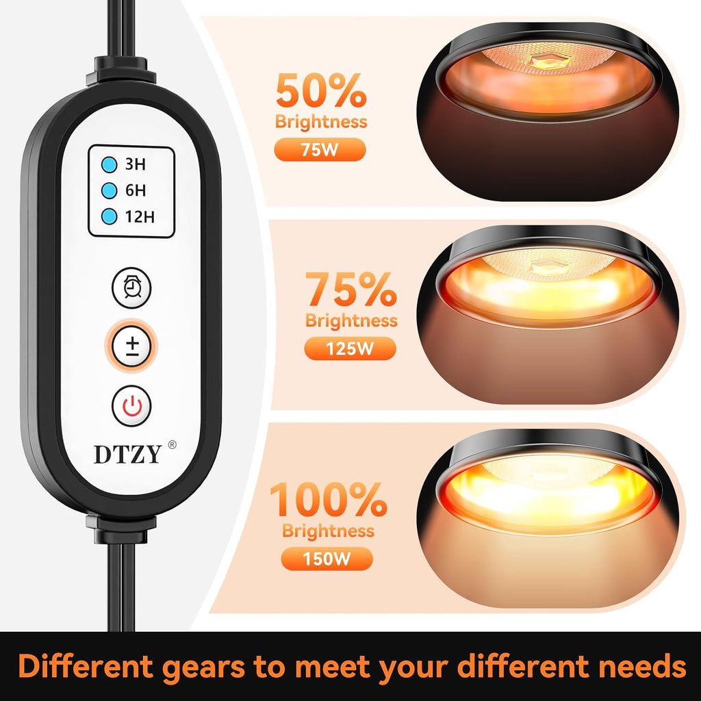 Reptile Light Fixture,7inch Deep Dome Reptile Light Fixture with 3/6/12 Timer,Infrared Reptile Heat Lamp Max 150W Blub, for Turtle Bearded Dragon Lizards Snake, 1PCS 150W Bulb Included