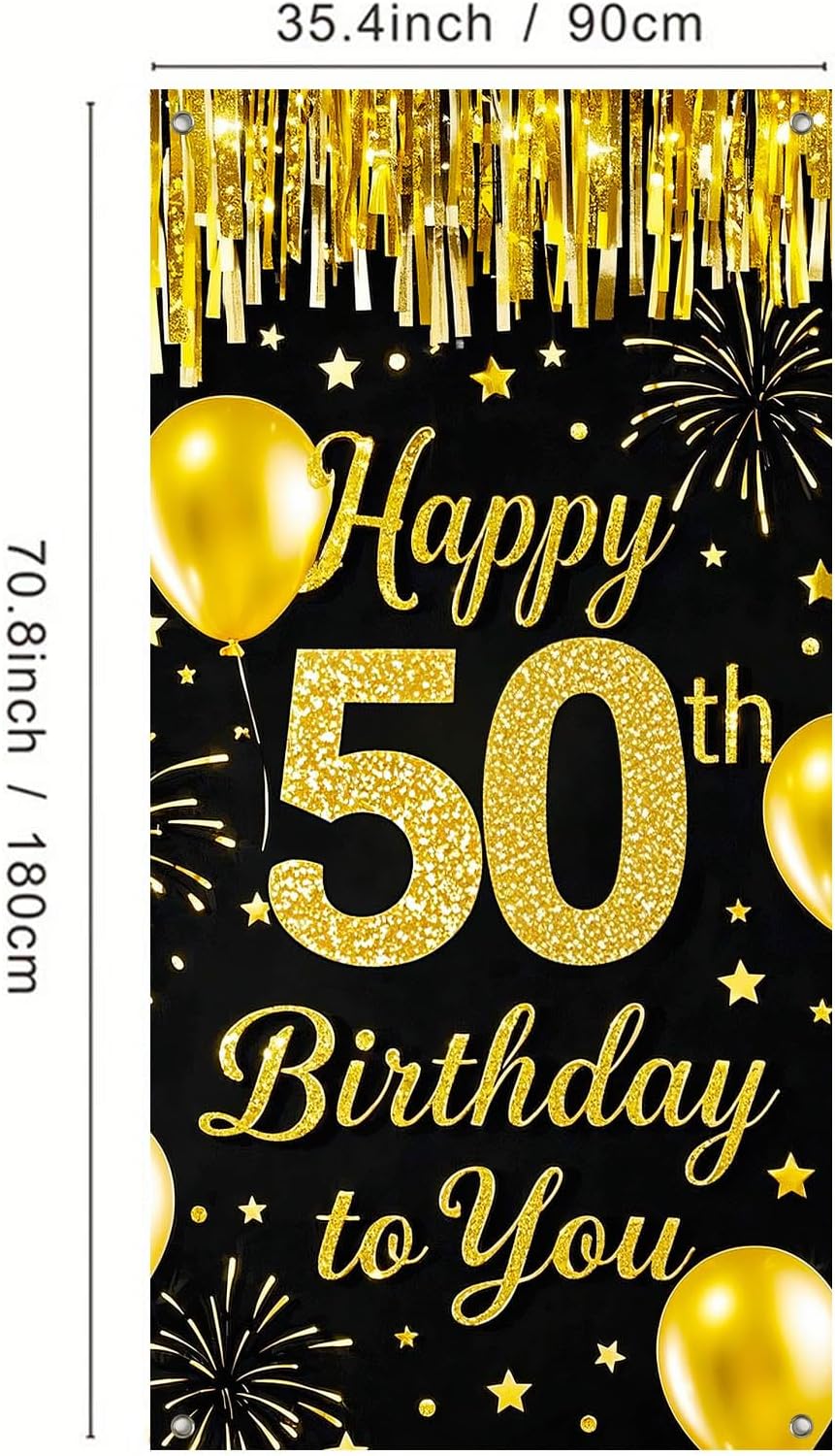 IVN 50th Birthday Door Cover 71x35 Inch Black Gold Birthday Banner for Party Decorations Balloons Stars Fireworks Backdrop Sign for Men Women Photo Booth Prop Wall Decor