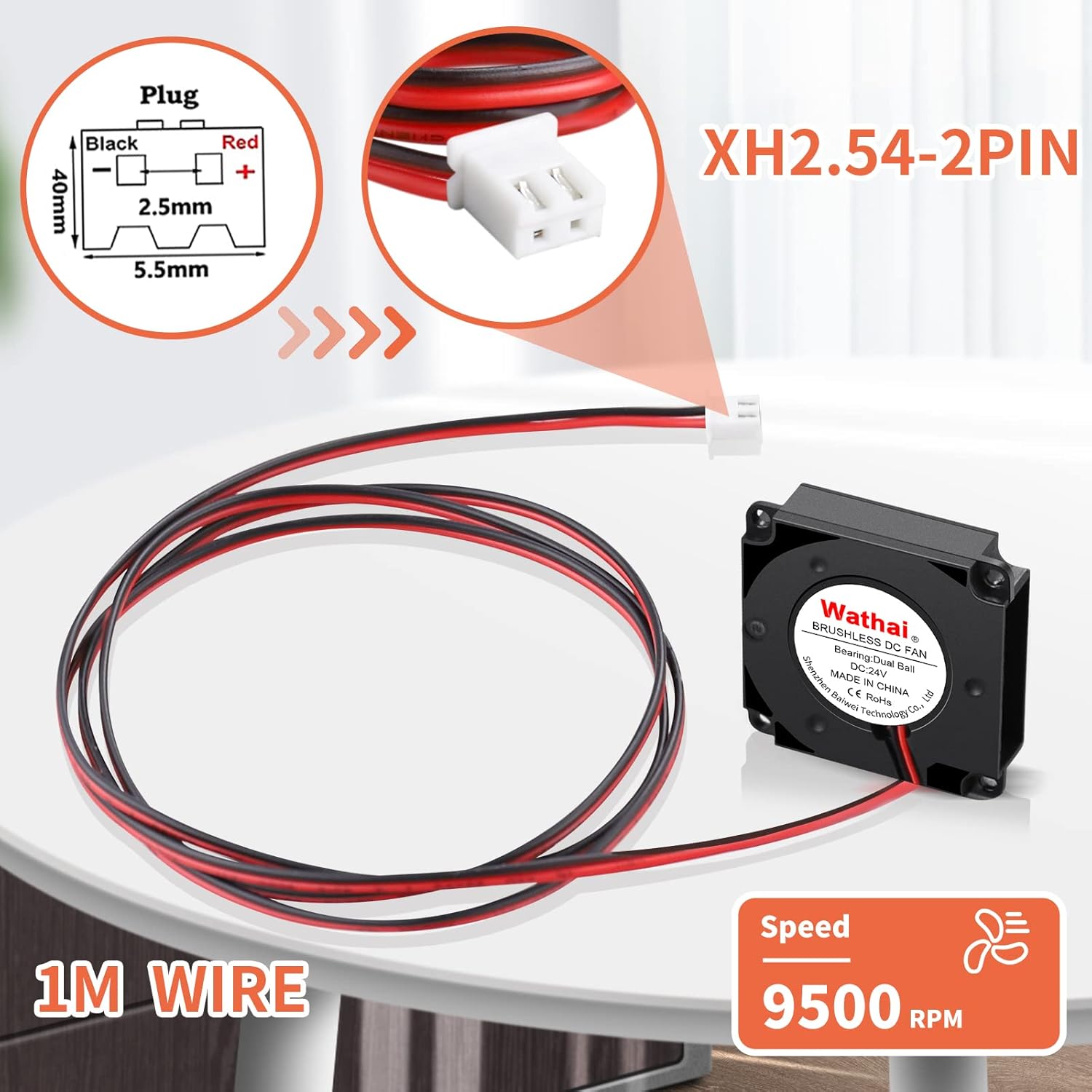 Wathai DC 4010 Blower Fan 24V Duall Ball High Speed with 1000mm/ 3.3 ft Wires 40mm x 10mm 24 Volt DC Brushless Radial Turbo Fans for Ender 3 Fan Upgrade Extruder Hot End Cooling 2 Pack
