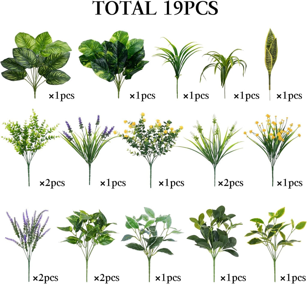 GTIDEA 19 Bundles Outdoor Faux Plants, Artificial Plants & Flowers UV Resistant Fake Plastic Leaves Greenery Stems for Outside Window Box Hanging Baskets Garden Patio Front Porch Decor